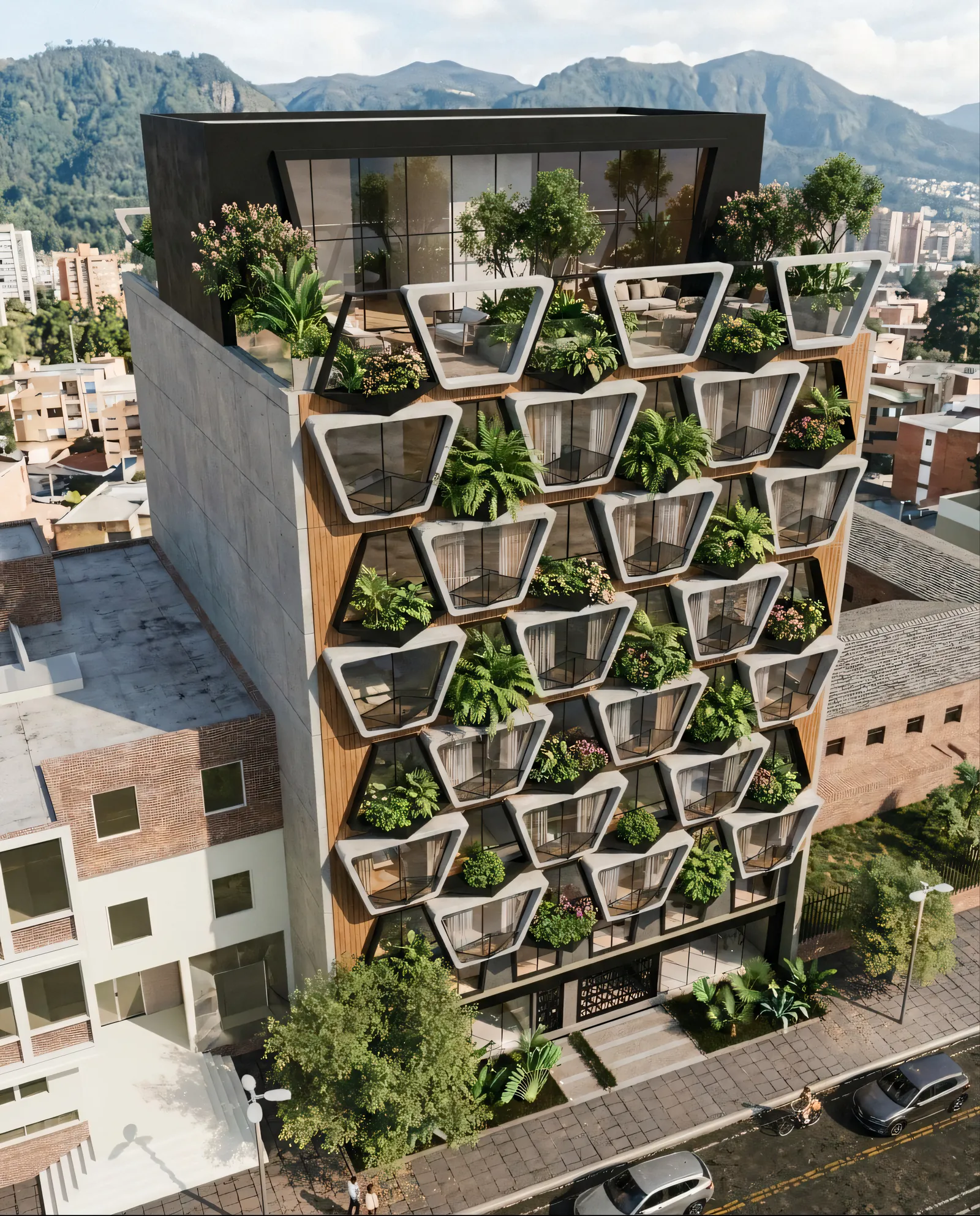 Edificio K-SEIS con su fachada de balcones triangulares llenos de vegetación